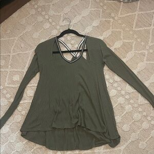 Women's Olive Ribbed Long-Sleeve V-Neck Top